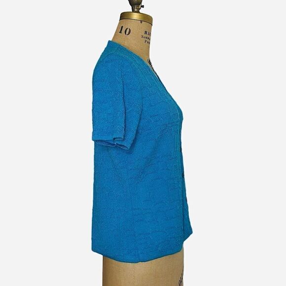 Vintage Carmina Turquoise Short Sleeve V neck Cardigan Sweater Size Small - Picture 2 of 7
